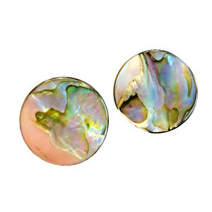 Vintage Clip On Earrings Artisan Made Abalone Shell Rounds Coastal Casual Chic